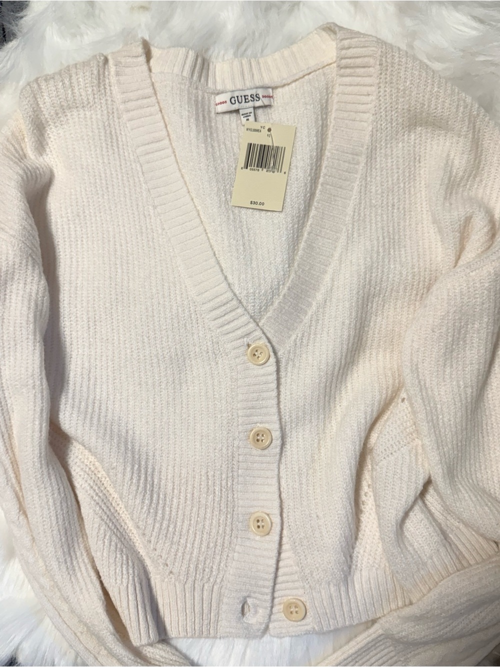 GUESS Cream Ribbed V-Neck Button Cardigan - Picture 2 of 2
